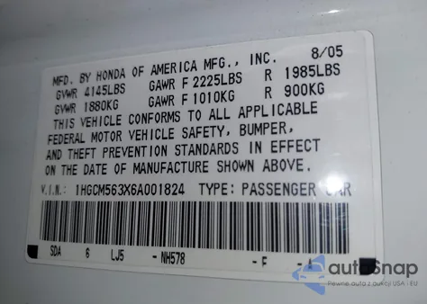 2006 Honda Accord 2.4 Se from USA, damaged, VIN 1HGCM563X6A001824